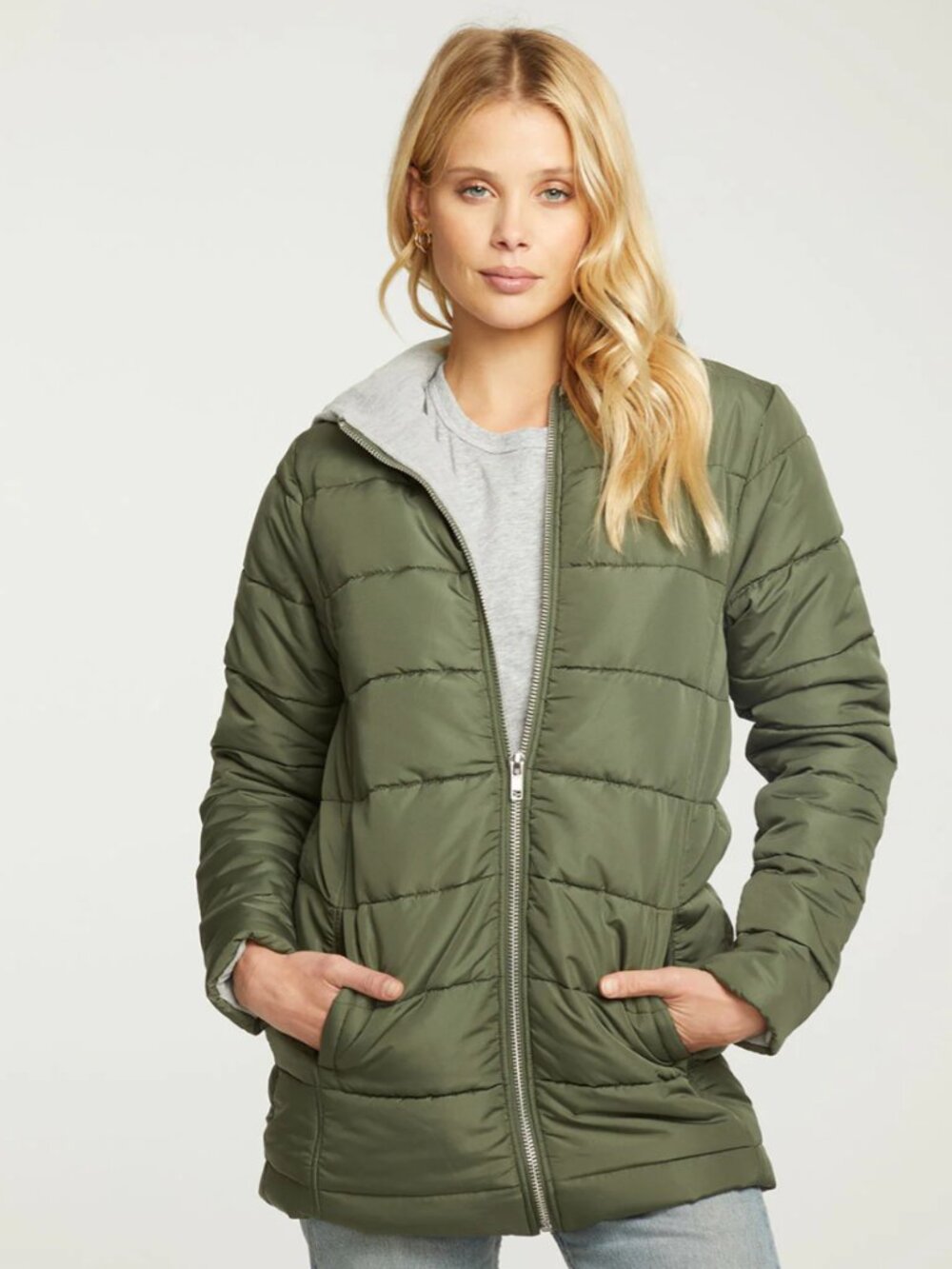 Chaser Quilted Hooded Long Puffer Zip Up‎ Jacket in Safari Green Size Small